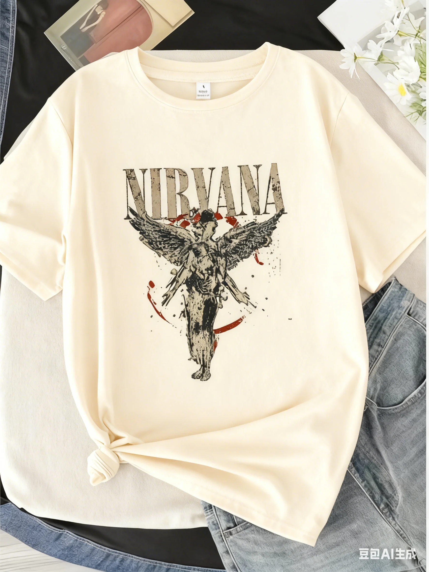 Nirvana Angel T-shirt col rond femme manches courtes mode imprimé haut manches courtes T-shirt