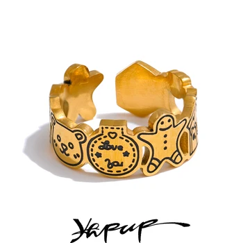 Yhpup-グラフィティファニーオープンリング、スタイリッシュなステンレススチール、K18ゴールドカラー、pvdメッキ、クリエイティブチャーム、フェスティバルジュエリー、ファッションギフト、7 #