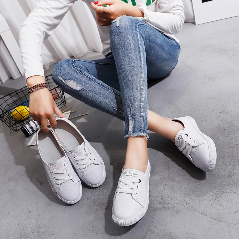 Women\'s Genuine Leather Sneakers Women Casual Fashionable Sports Shoes Vulcanized Woman Summer Flat Shoe Ladies White Lacingwg72