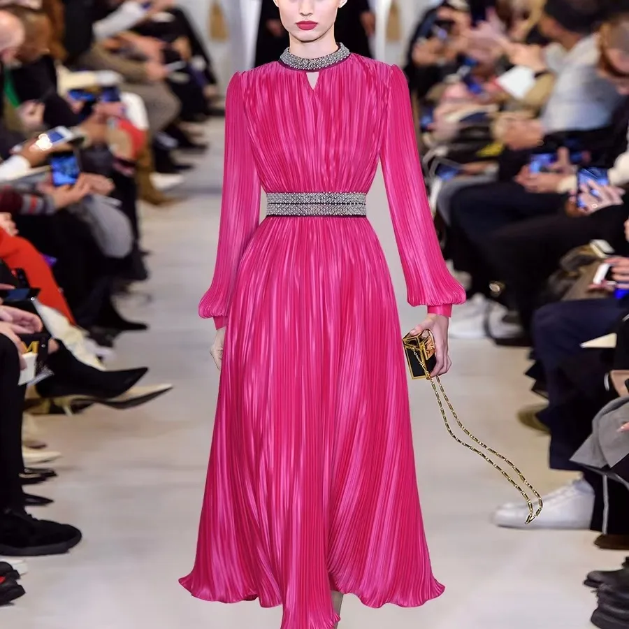 

Princ Sle Long Sve Silk Gown with Belted A-Line Skirt Heavy Embelliment Lantern Sve Commute Wear Summer New Arrival