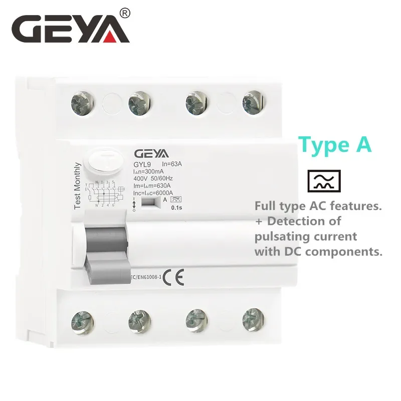 GEYA Type A Electromagnetic Residual Current Breaker RCD RCCB 2 Pole/1P+N Pole 40A/63A Rated Current | 30mA/100mA/300mA