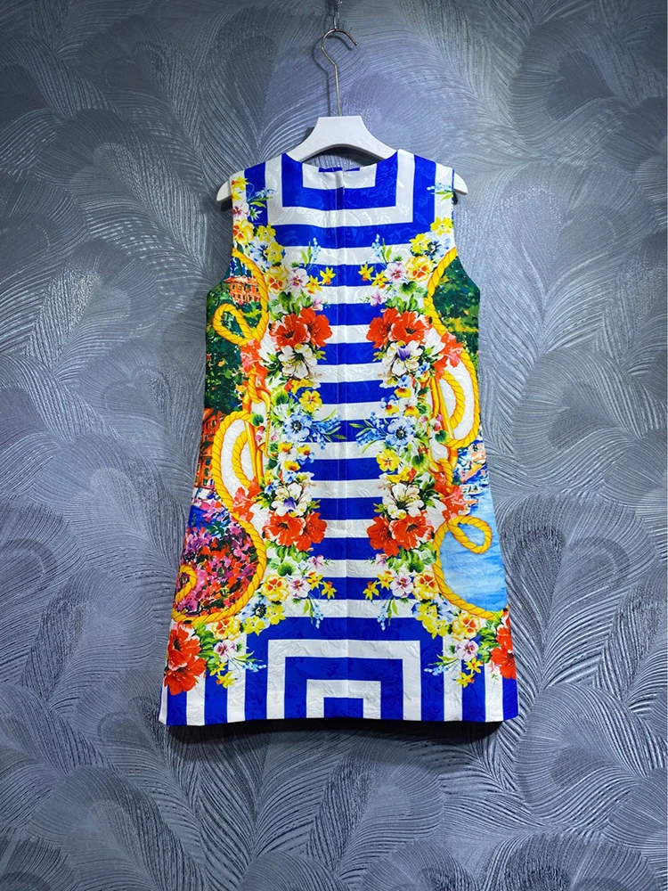 JUNLINNA Fashion Runway Sicilian Dress O-Neck Sleeveless Polyester Printing Mini Vestidos Beach Holiday Princess