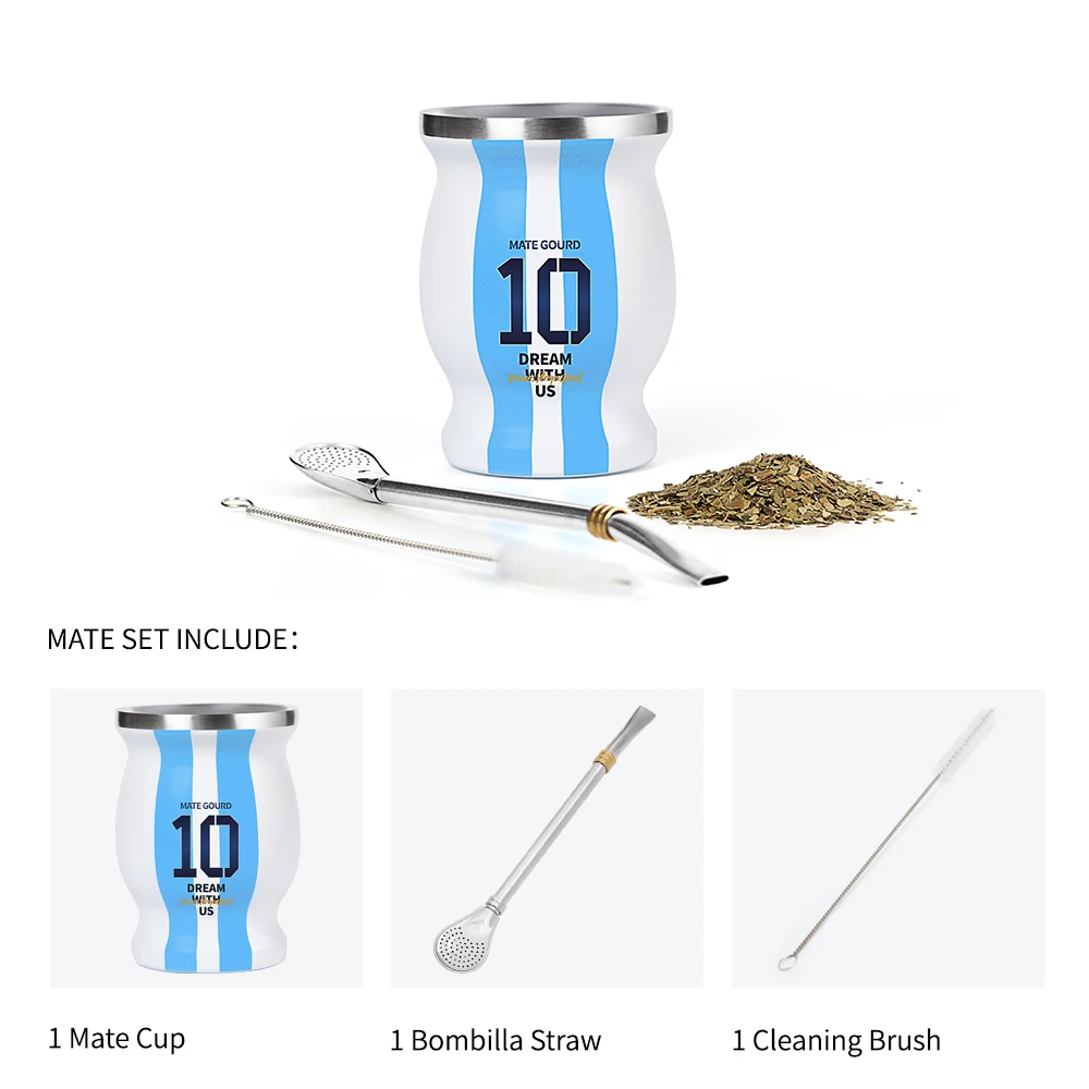 Yerba Mate Cup With Bombilla Mate (Straw) Tea Gourd Mug and Cleaning Brush(Argentina Number 10)