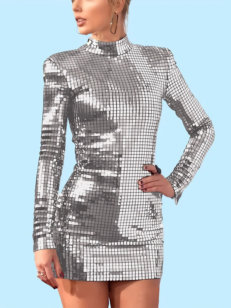 Sexy Sequin Bodycon Dress Women's Party Club Outfit mid Waist Long Sleeve Knitted Polyester Fabric Citywalk Street Style