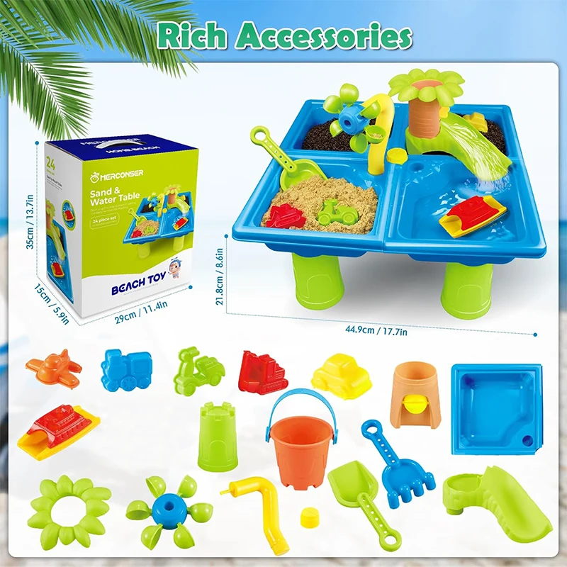 Summer Beach Water Table para crianças, mesa ao ar livre, chuveiros de chuva, Splash Pond Toys, atividade sensorial, mesa de areia, 4 em 1, 24 pcs