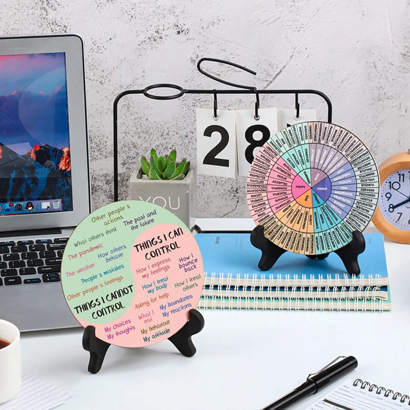 2 Pcs Feelings Wheel Aluminum Round Metal Mood Wheel Therapy Emotions Wheel Mental Health Relax Office Desk Decor