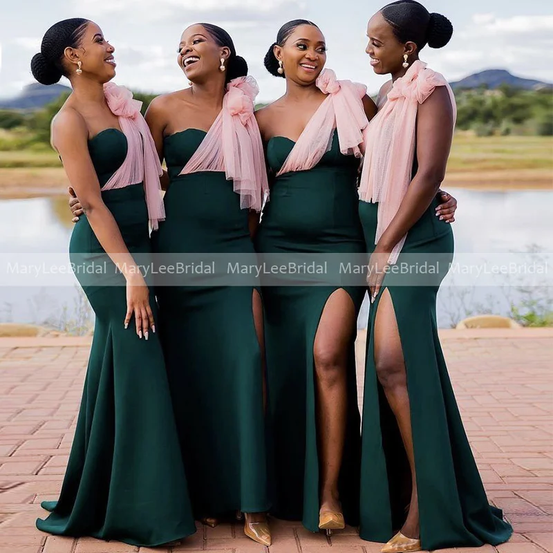 Vestidos de dama de honor de sirena verde oscuro con tul rosa, un hombro con abertura lateral, vestido elegante de novia para dama de honor, mujer para fiesta de boda