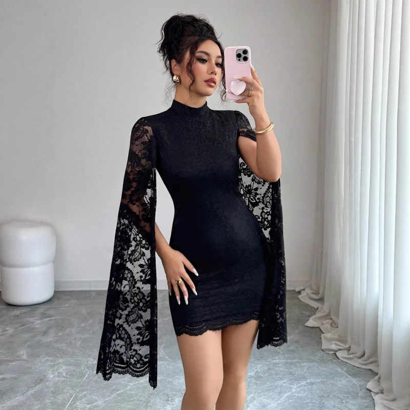 

European Code2025New Fashion Lace Small Stand Collar Slit Long Sleeve Sexy Dress for Women in Autumn and Winter