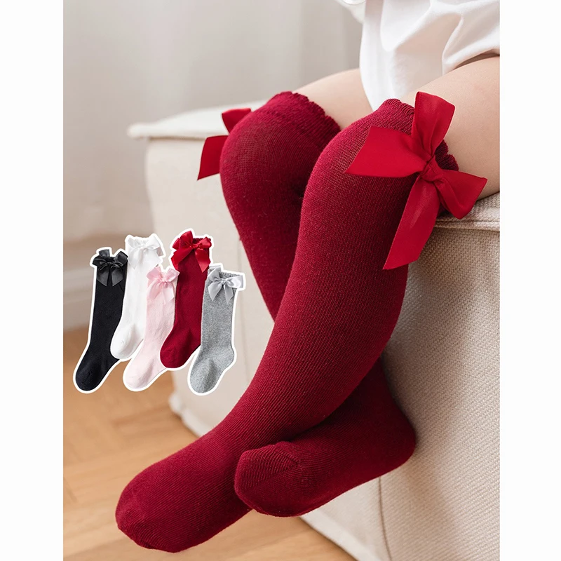 New Kids Socks Toddlers Girls Big Bow Knee High Long Soft Cotton baby Socks Kids Solid Colour Cute Bow Girls Socks