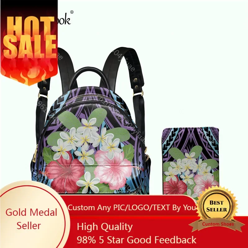 Women's Backpack Plumeria Hibiscus Polynesian Pattern Women Satchel Coin Purse 2pcs/Set PU Leather Wallet Schoolbag