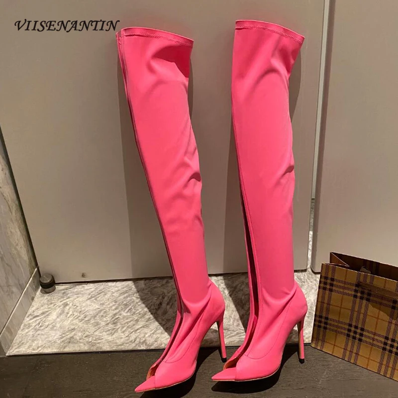 

Designer Brand Spring Newest Over The Knee Boots Women Peep Toe Stilettlos High Quality Stretch Fabric Thingh High Boot Females