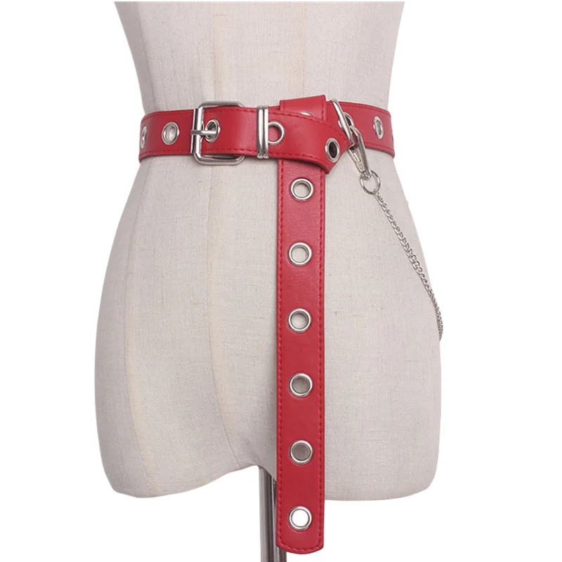 女性用合成皮革ハーネスベルト,シルバーピンバックル,メタルウエストバンド,ブラウン,ブラックチェーン,レジャージーンズ,女性用の凹面の形をしたベルト,新しいコレクション