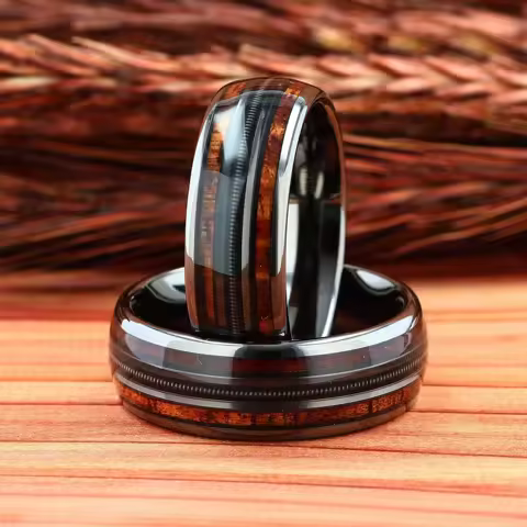 Fashion 8mm Silver Color Stainless Steel Guitar String Rings for Men Whiskey Barrel Wood Inlay Guitarist Ring Men Wedding Band