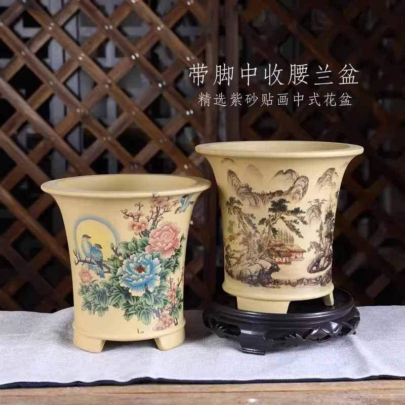 Flower Ceramic Cascadepot Cybidium Orchid Plant Bonsai Pot Vase Tradition Chinese Peony Peacock Pattern Garden Decoration