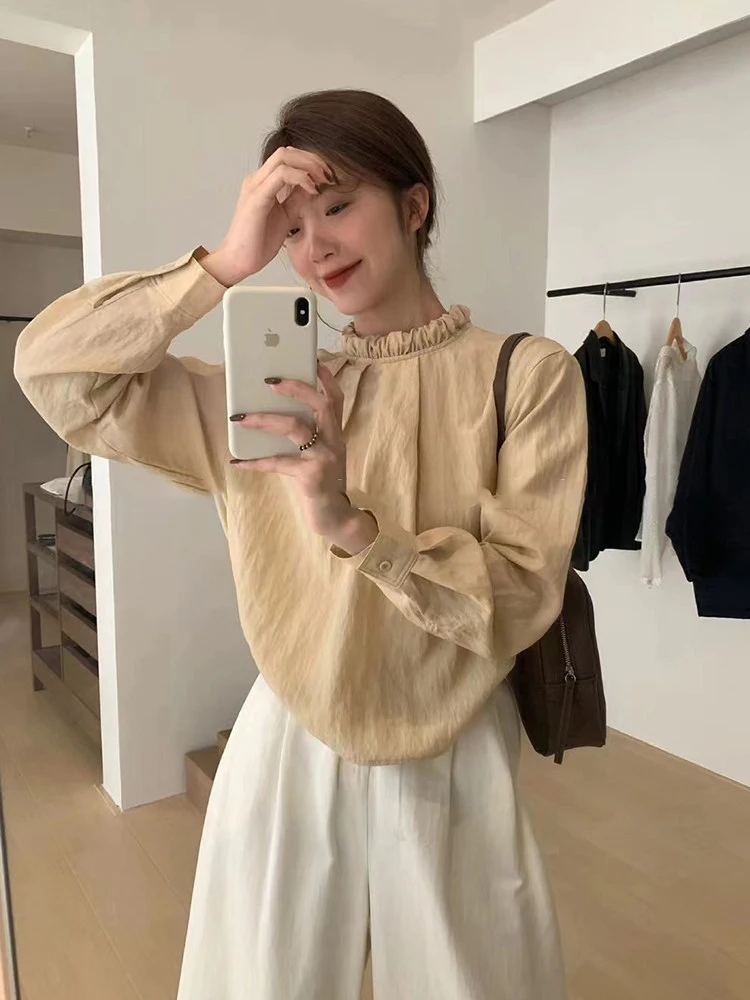 

Корейская женская свободная блузка с длинным рукавом, воротником-стойкой и бантом, уникальный модный дизайн, весенняя новинка