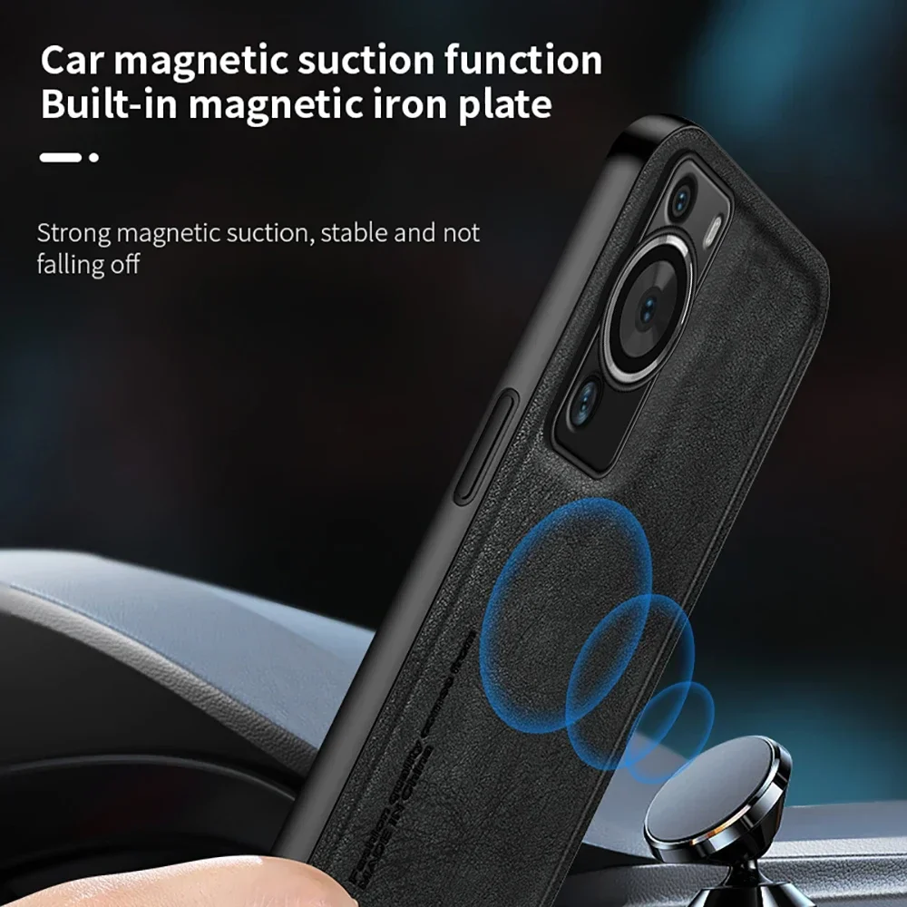 Retro Matte Leather Texture Case For Huawei P60 Pro Car Magnetic Camera Shockproof Cover Hauwei P60Pro HuaweiP60 Huawey P 60 4G