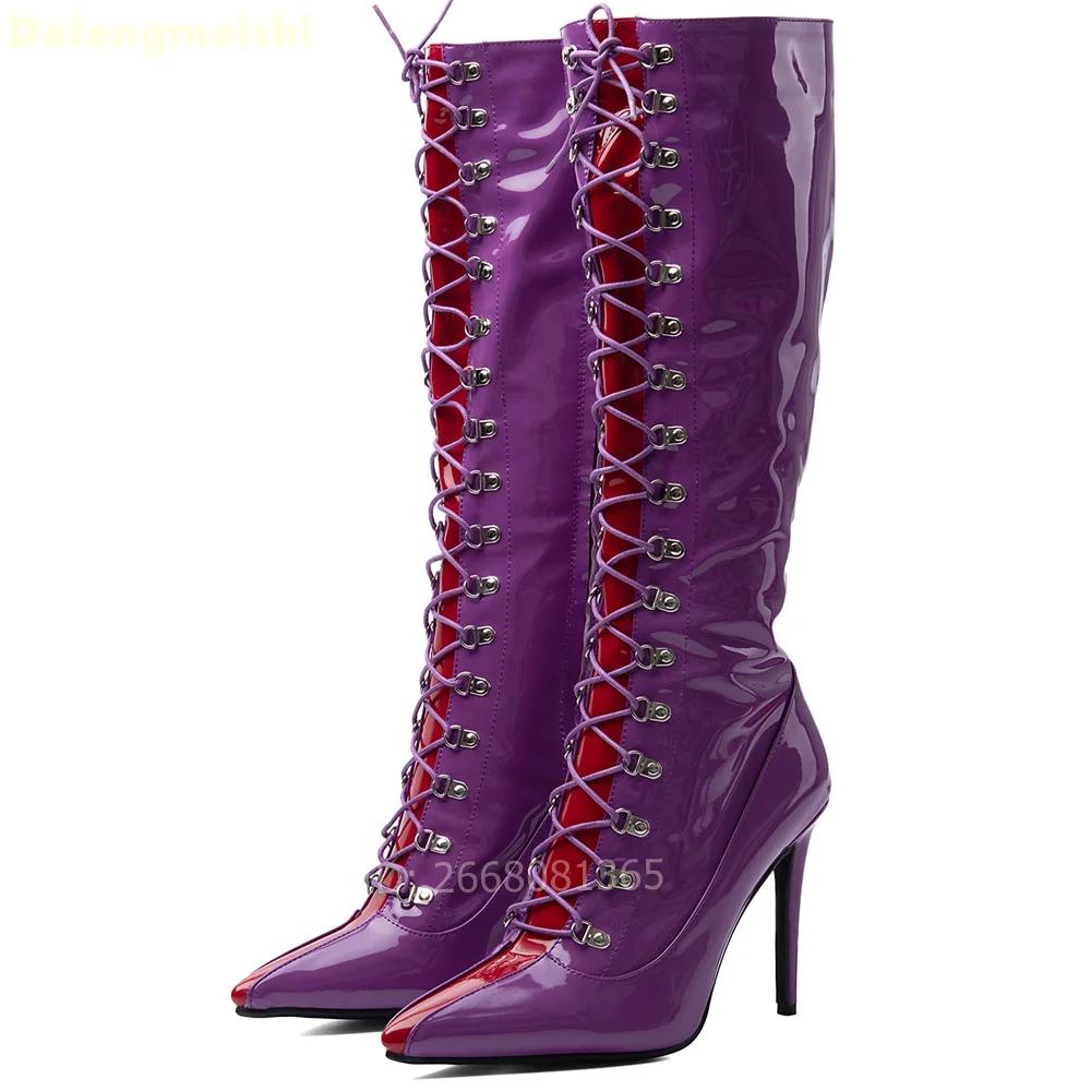 Purple Red Patent Leather Knee High Boots Front Lace Up Pointed Toe Stiletto Heels Women Punk Street Party Fashion Heeled Boots