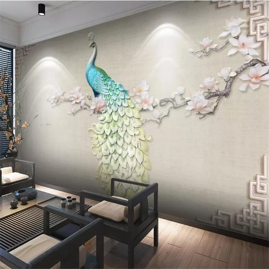 Papel de parede estéreo 3D personalizado para quarto, papel de parede grande em relevo mural, pintura chinesa, pássaro de magnólia