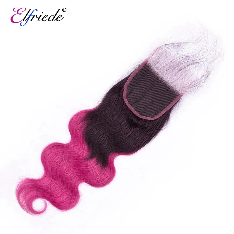 Elfriede Ombre #1B/Rose Purple Body Wave Hair Bundles with Closure Colored Human Hair Weaves 3 Bundles with Lace Closure 4x4