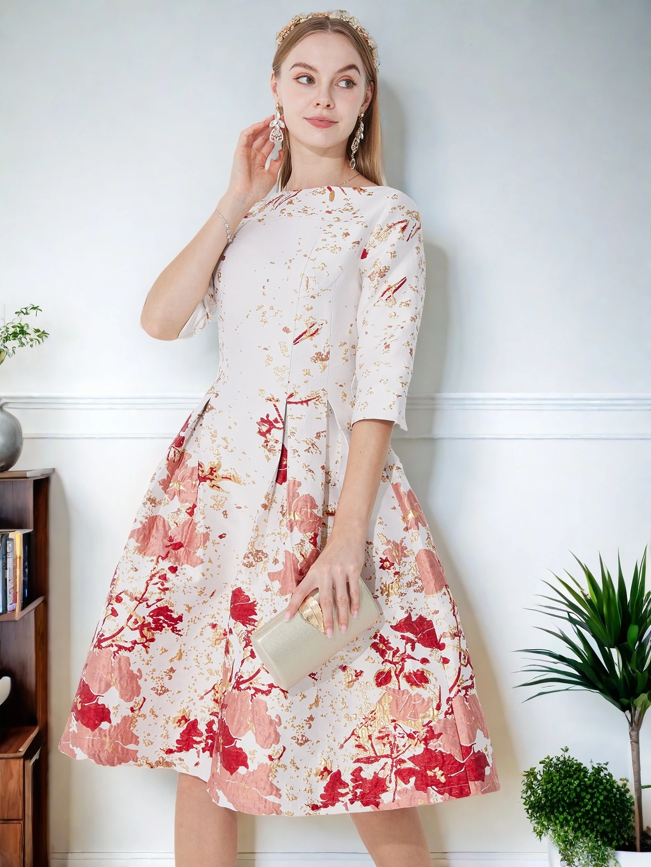 DEVCHATA Women's Floral Party Dress Luxury Mid-Long Jacquard O-neck Ladies Fashion Spring Formal Dress Elegant Vestidos