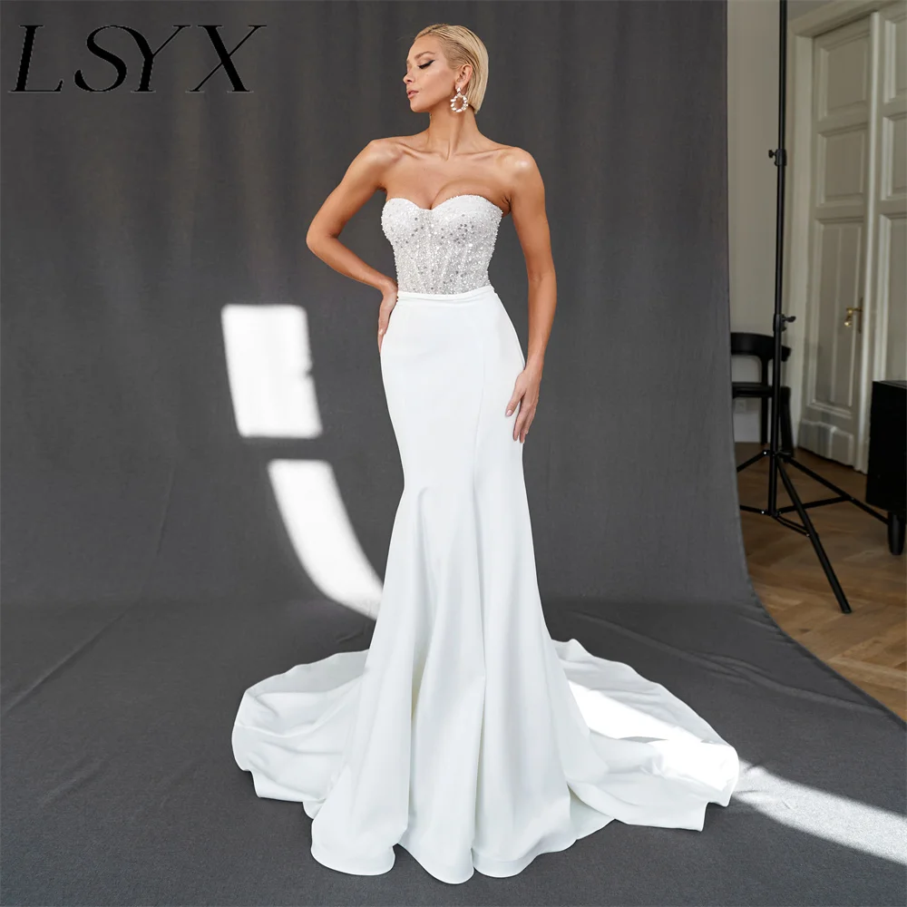 LSYX-Robe de Mariée Sirène Sans Bretelles, Deux Pièces, Perles Brillantes, Fermeture Éclair au Dos, Élégante, Longueur au Sol, pour Patients, Sur Mesure