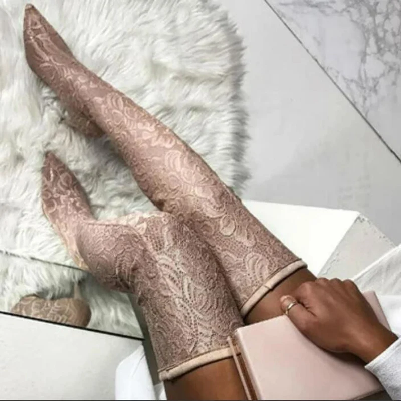 

Sexy Ladies Spring Floral Lace Over Knee Boots Stiletto High Heels Fretwork Lace Covers Botas Pointed toe Women Thigh High Boots