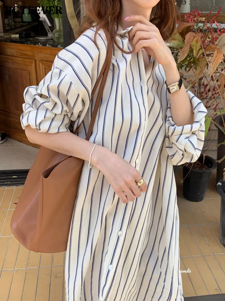 BGTEEVER Casual Turn-down Collar Loose Striped Shirt Dress Women Spring Autumn Single-breasted Oversize Ladies Dress vestidos