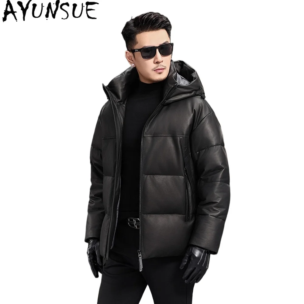 

AYUNSUE 100% натуральная коровья кожа пуховики мужские зимние с капюшоном теплый белый гусиный пух пальто воротник-стойка куртка из натуральной кожи мужская