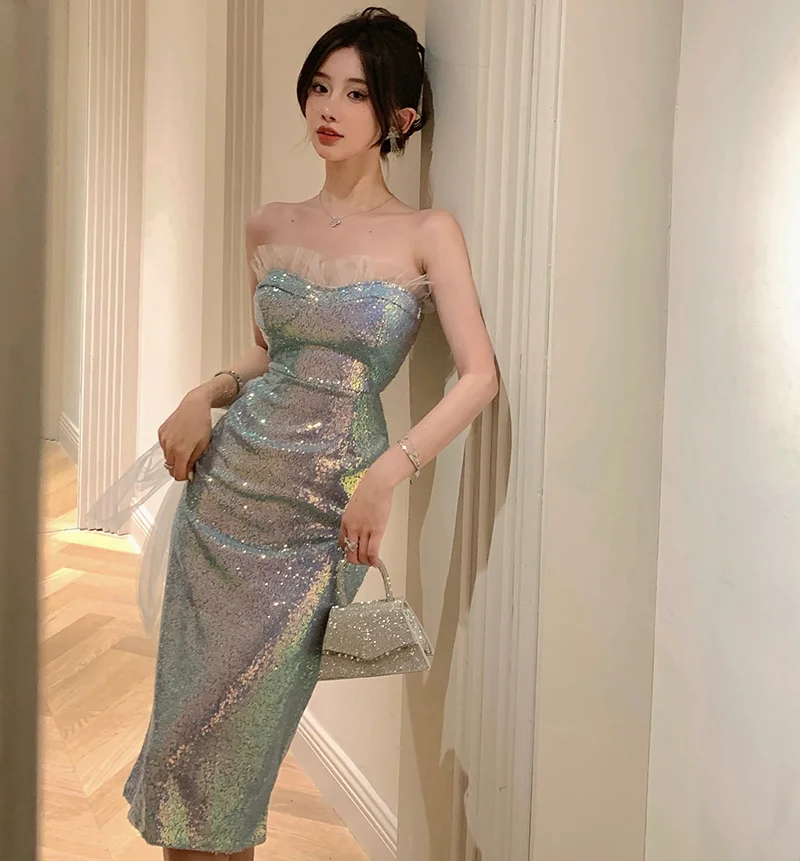 

Sexy Sequin Embroidery Mesh Slip Dress Women's Summer Strapless Slim Fit Hip Wrap Party Evening Dress Fashion Female Clothes