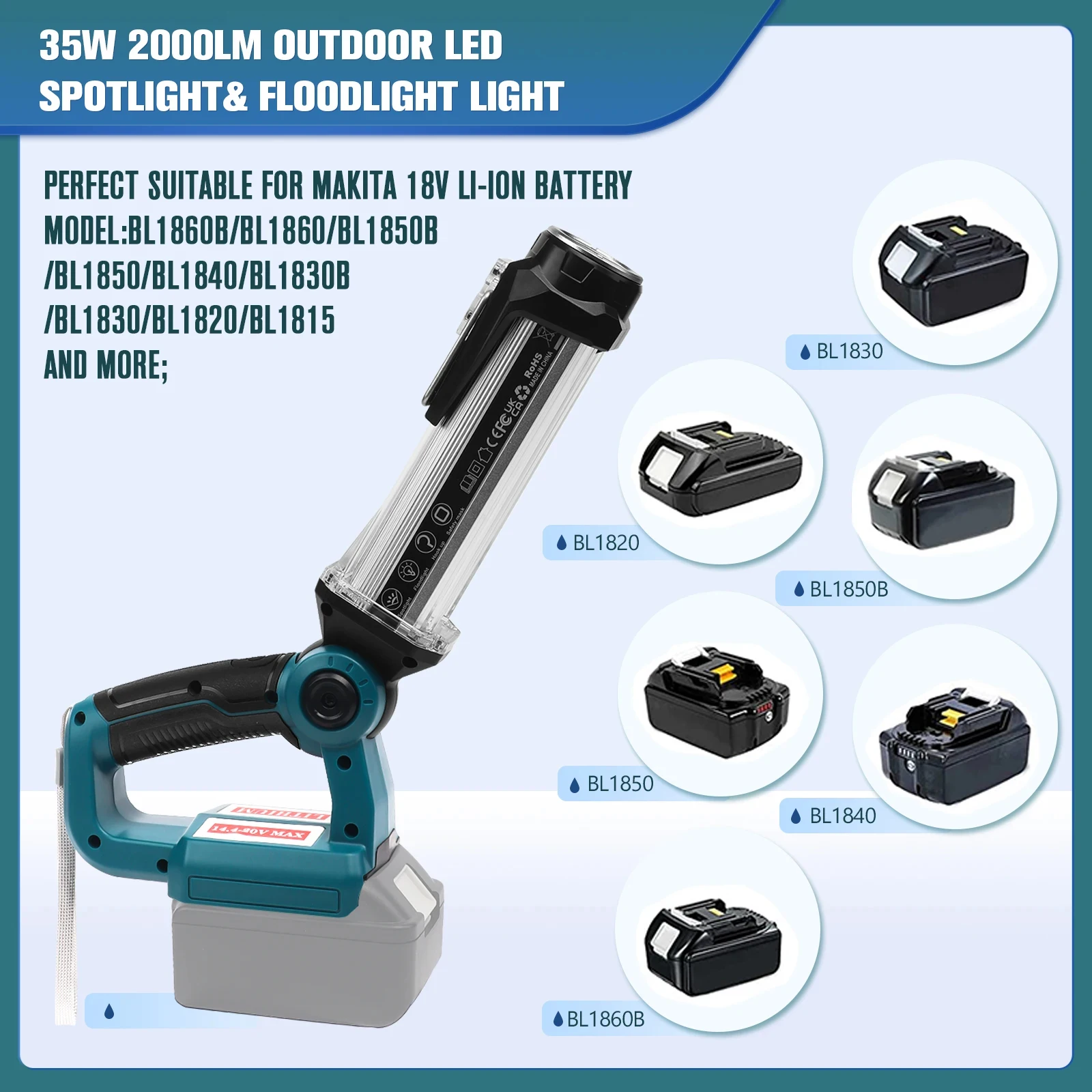 Luz de trabajo de 35W, 2000LM, para Makita, tipo Horizontal, 18V, con puerto USB, luz LED para exteriores