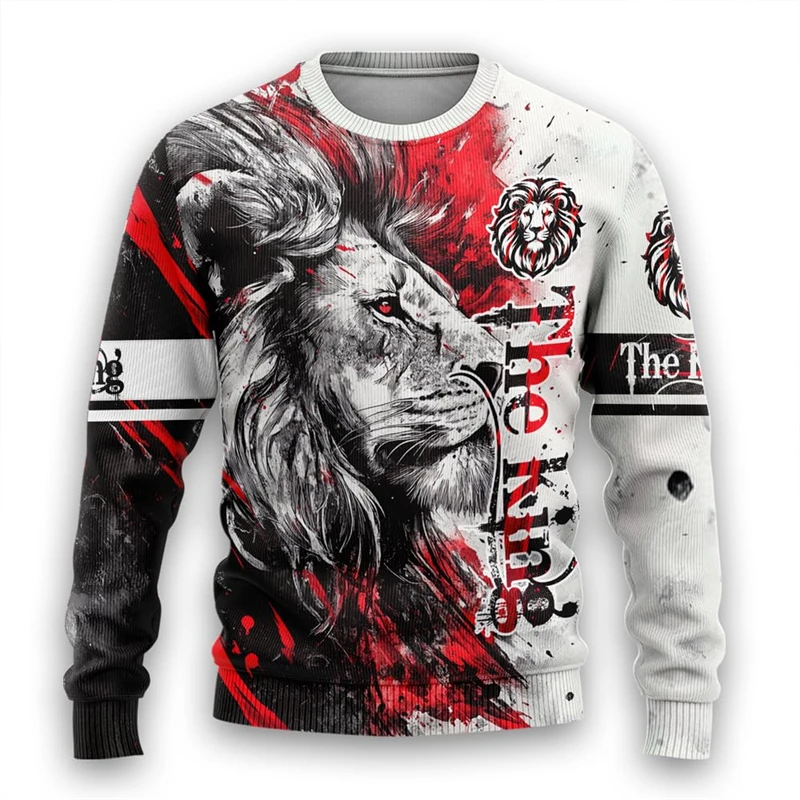 

Lion Mens Sweatshirt Holiday Ugly Sweater Vintage Animal Man Streetwear Casual Unisex Sweatshirts Autumn Polyester Tracksuit