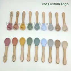 Personalized Name Baby Feeding Spoon Fork Sets Children Silicone Tableware With Wooden Handle Kids Training Spoon Free Shipping