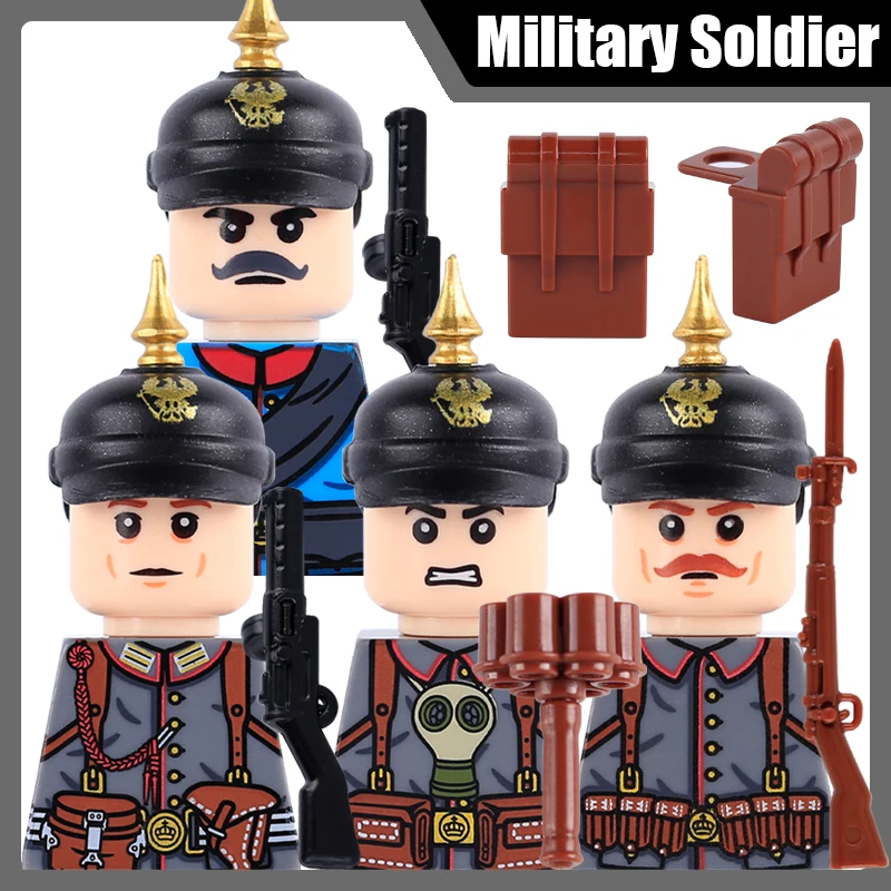 Figurines de soldats de l'armée prussienne de la Première Guerre mondiale, blocs de construction, armes à feu, casques, sacs à dos, briques DIY,