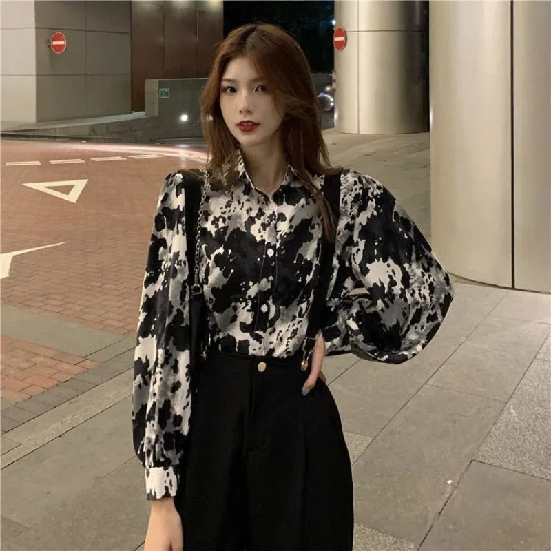 Spring and Autumn New Vintage Ink Printing POLO Collar Loose Long Sleeve Shirt for Women's Fashion