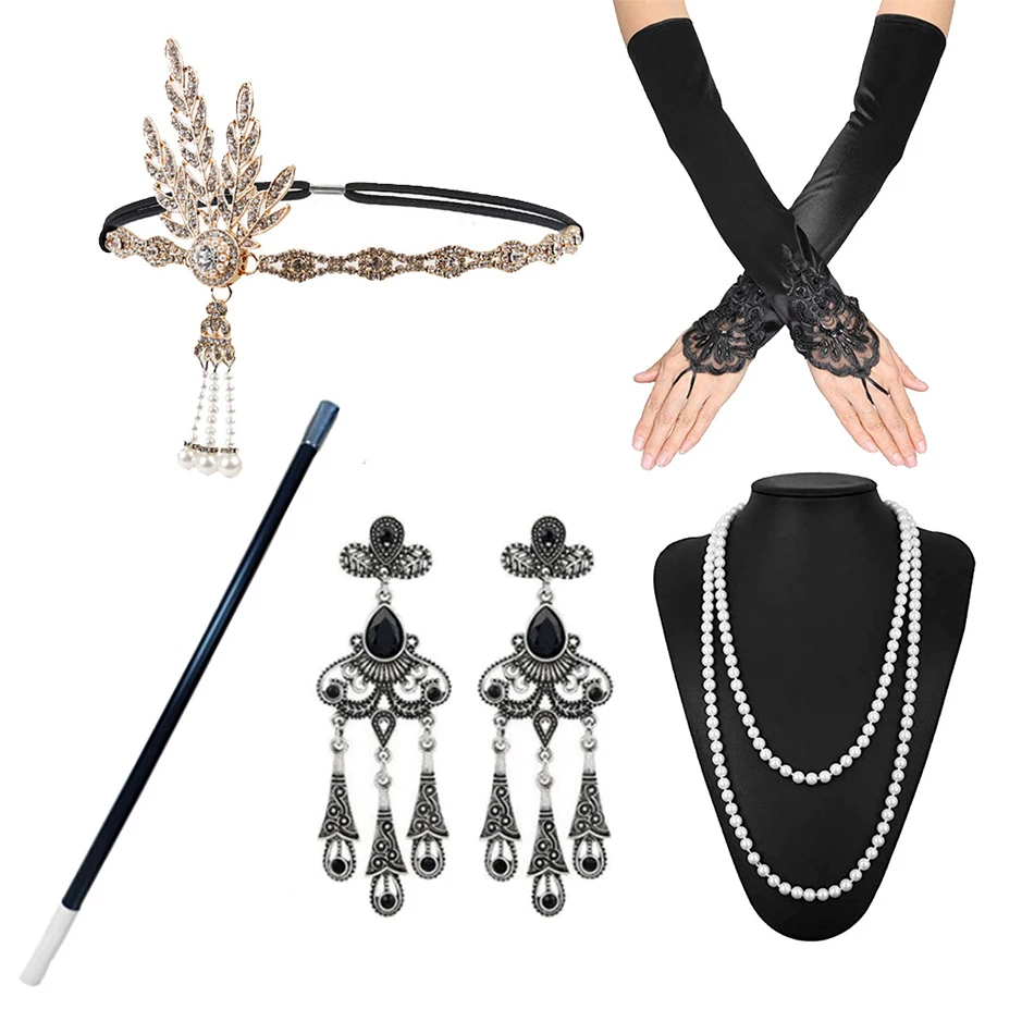 

Hepburn Dress Up Accessories Bachelorette Party Accessories Set Feather Alloy Headband Pearl Necklace Smoke Rod Glove Set Retro