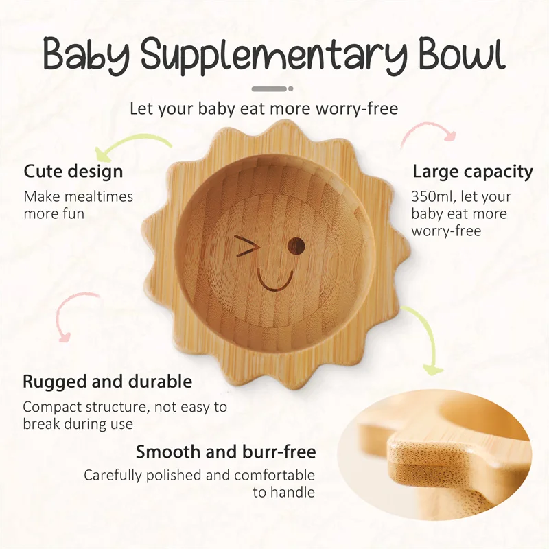 Baby Wooden Tableware Set Sun Bamboo Wooden Plate Bowl Silicone Suction Wooden Handle Fork Spoon for Newborn Feeding Supplies