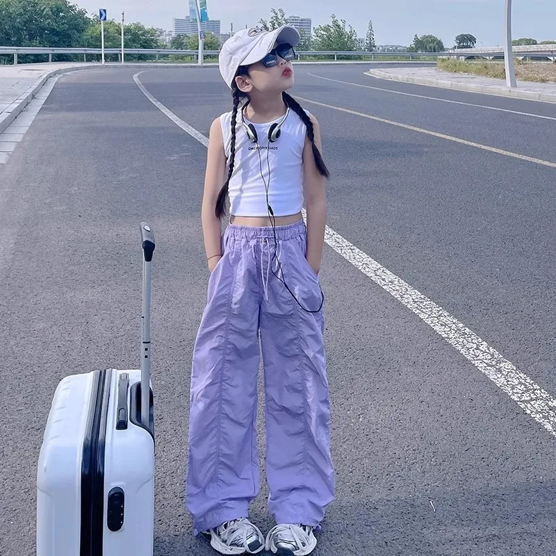 2026 New Summer Girls Hip Hop Joggers Pants Thin Loose Straight Leg Cargo Pants Casual Long Trousers for Teens Kids