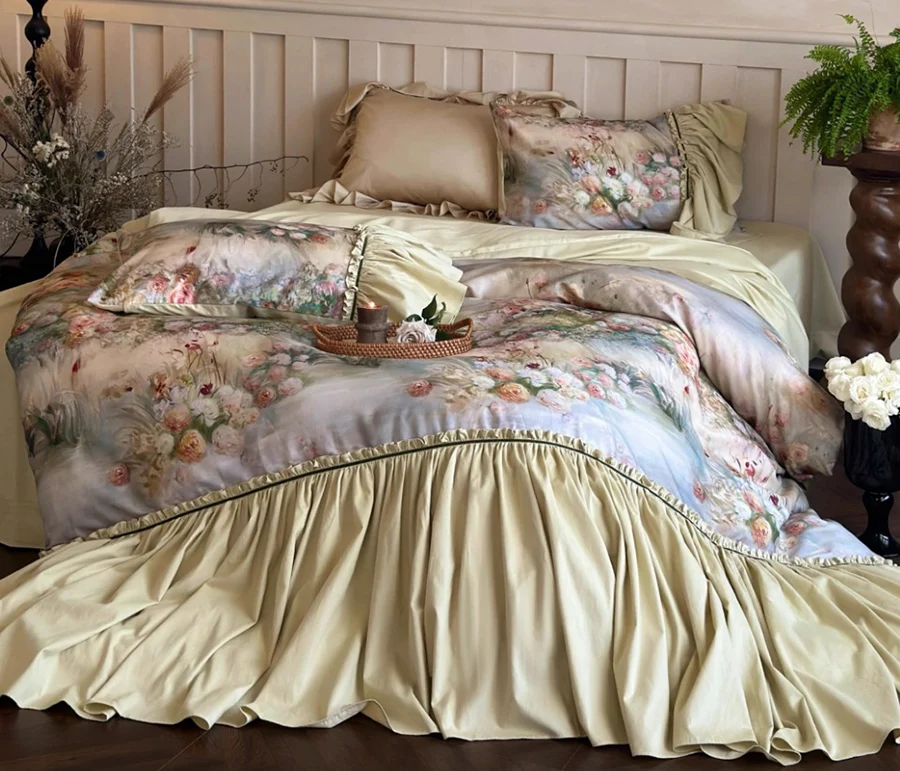 Romantic retro french flower bedding set,full queen king vintage ruffled cotton home textile bed sheet pillow case quilt cover