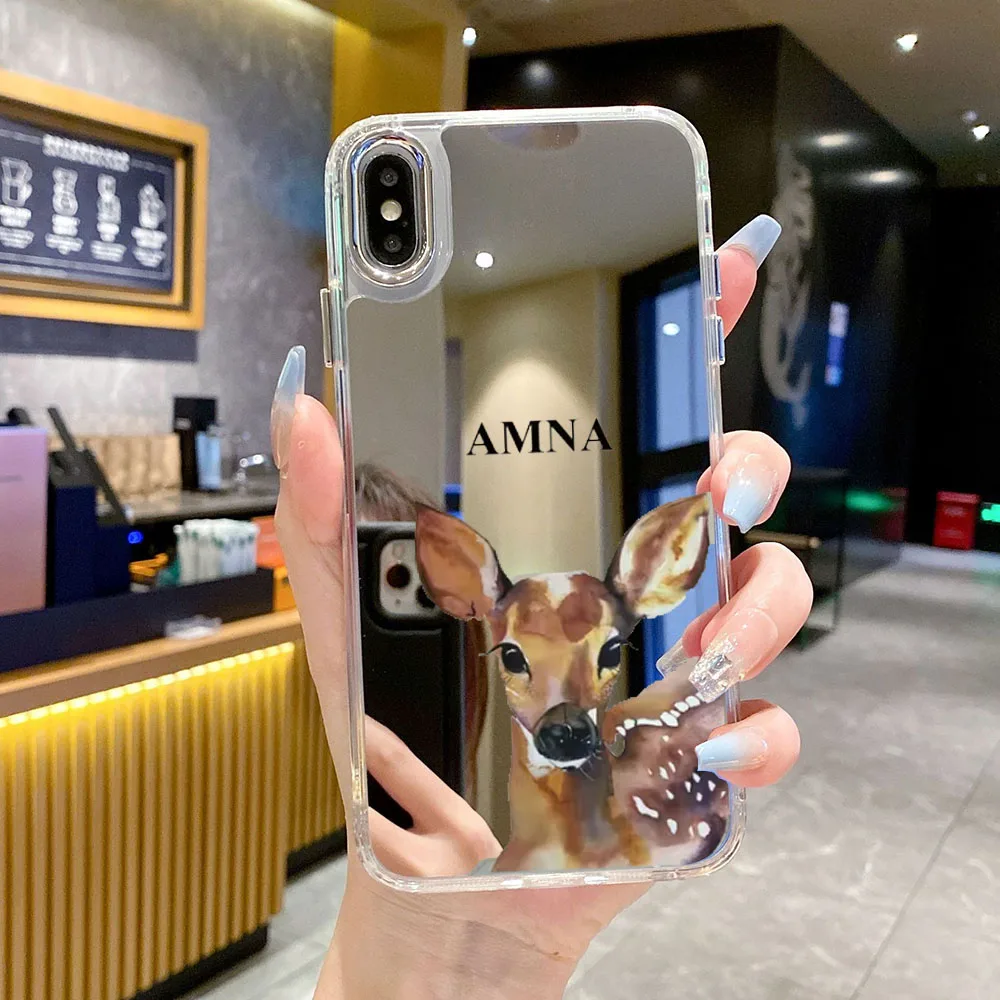 Name Custom Cute Animal Mirror Case for iphone 14 13 12 15 Pro Max SE2020 Case Shockproof Cover for iphone 11 XS XR 14Plus Cases