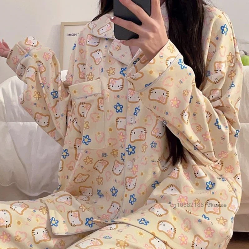 Sanrio Hello Kitty Women\'s Spring Autumn Sleepwear Long Sleeve Cotton Cartoon Print Pajamas Japanese Style Casual Home Wear Set