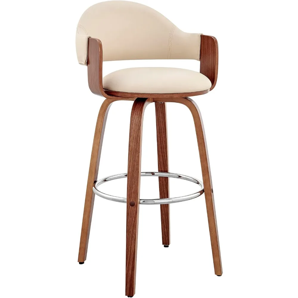 Daxton Mid Century Modern Swivel Bar Stool for Kitchen Island Counter in Cream Faux Leather and Walnut Wood, 26" Seat Height