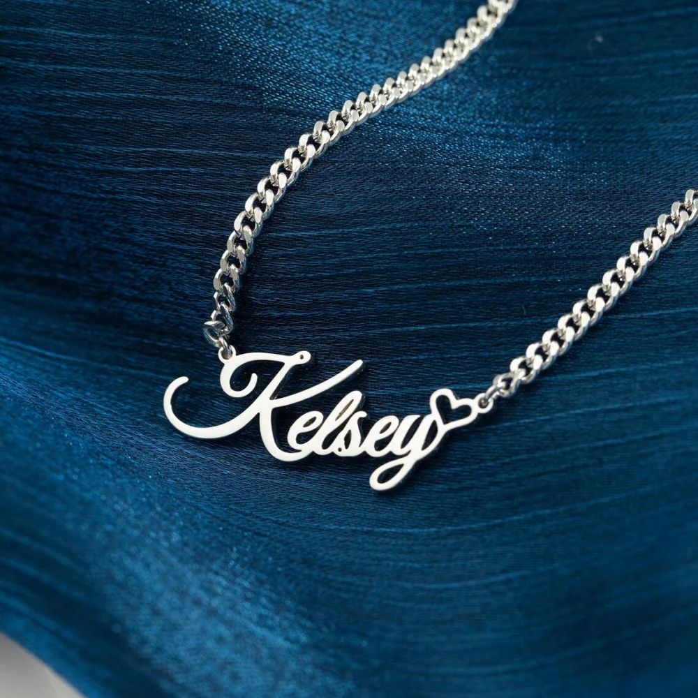 Custom Cursive Name Tiny Heart Necklace For Women Jewelry Stainless Steel Personalized Script Nameplate Pendant Necklace