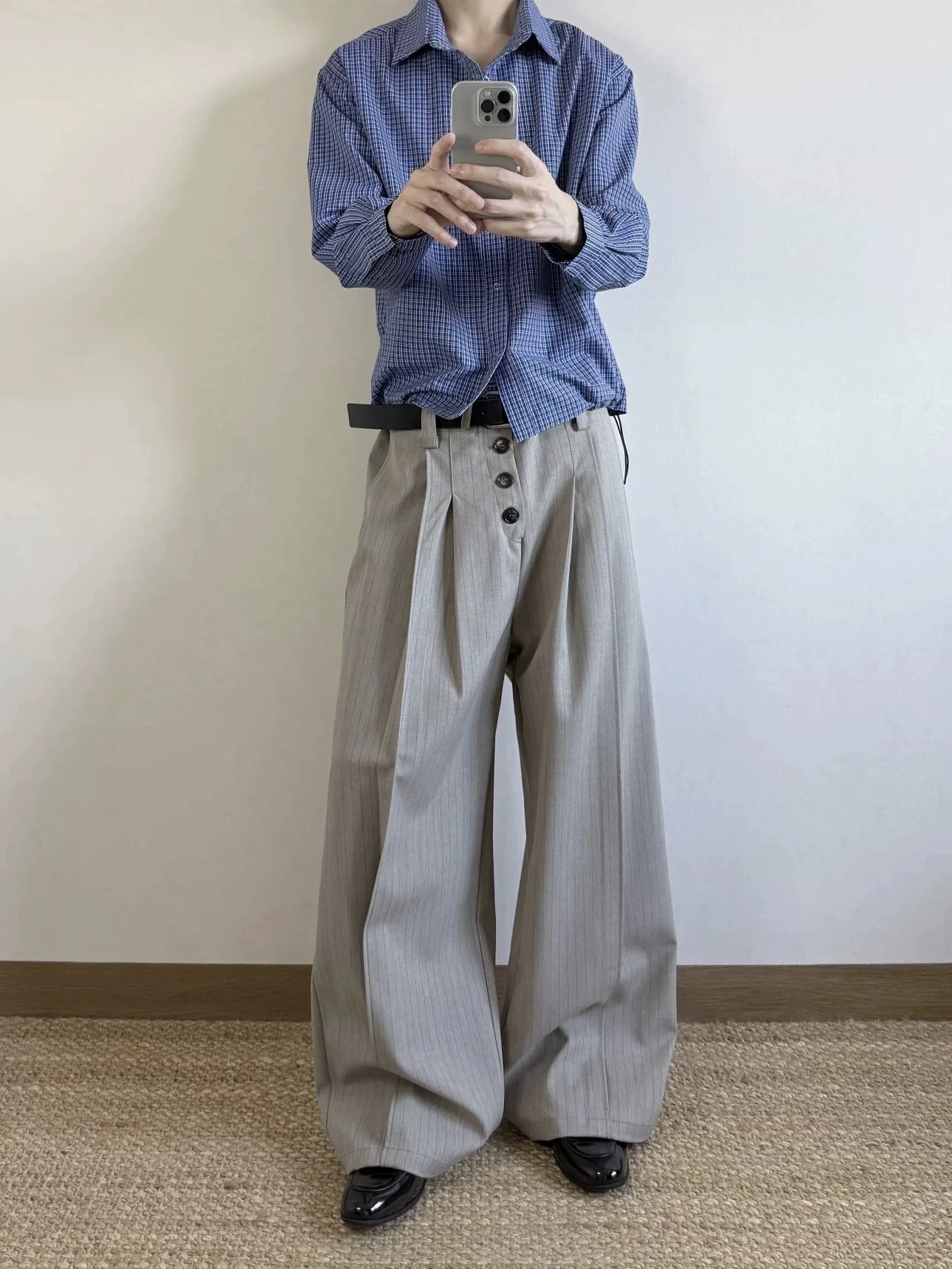 

Mixed Stripe Pattern Button Decorated Casual Wide Leg Pants Drapey Feel CleanFit Straight Cut A-Line Long Trousers for Youth