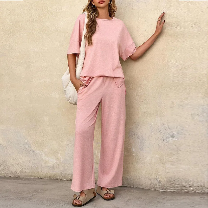

Summer White Women's Two-piece Round Neck Top Casual Loose Lace-up Wide-leg Pants Two-piece Suit Home Clothes Women's Style