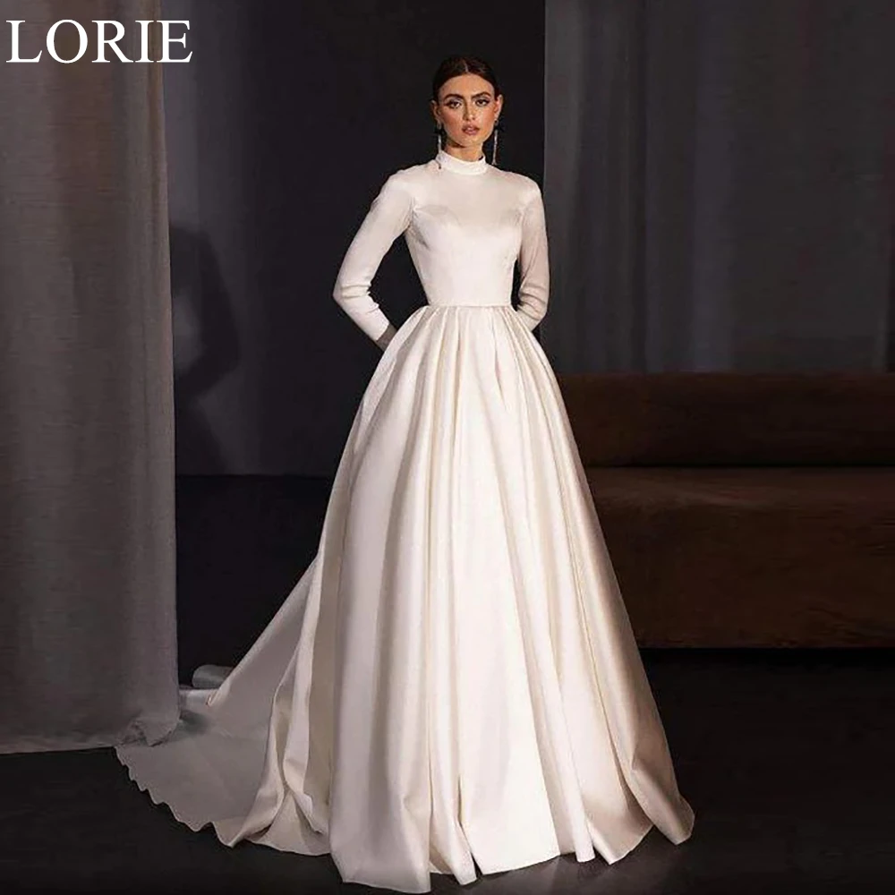 

LORIE Elegant Ivory Satin Wedding Dresses O-Neck A-Line Long Sleeves Muslim Bride Prom Gown 2024 Modest Bridal Gowns Customized