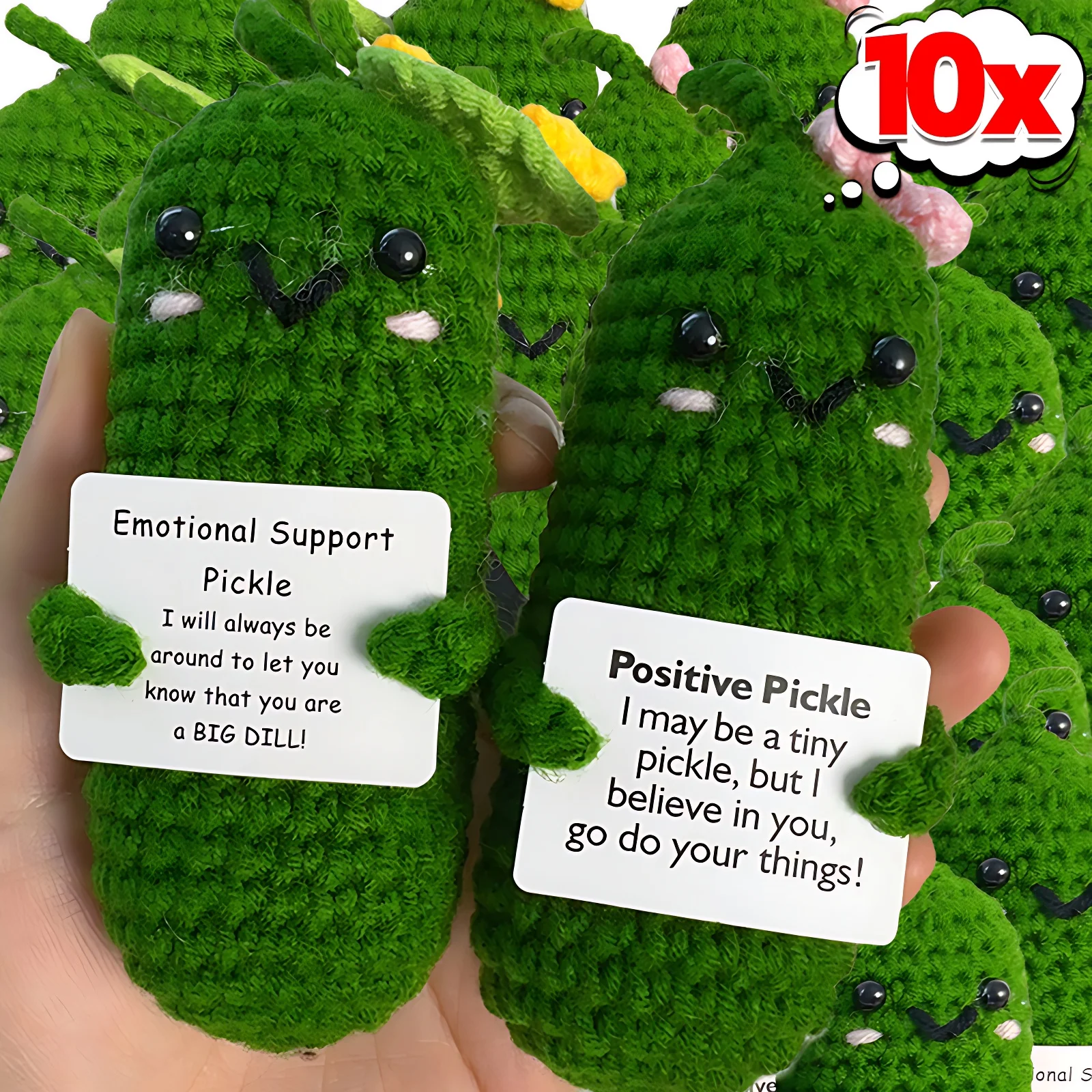 Handmade Emotional Support Pickle Crochet Funny Sour Cucumber Knitted Pickle with Positive Card Cheer Up Gift Crochet Decoration