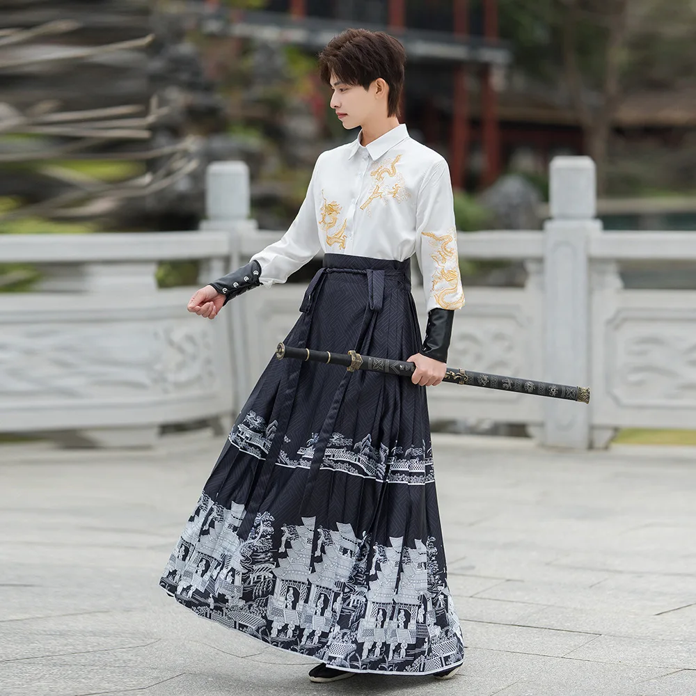 Ming Dynastie Hanfu Paard Gezicht Rok Mannen Plooien Rok Zwart Wit Shirt Rok Sets Chinese Traditionele Hanfu Rok Plus Size