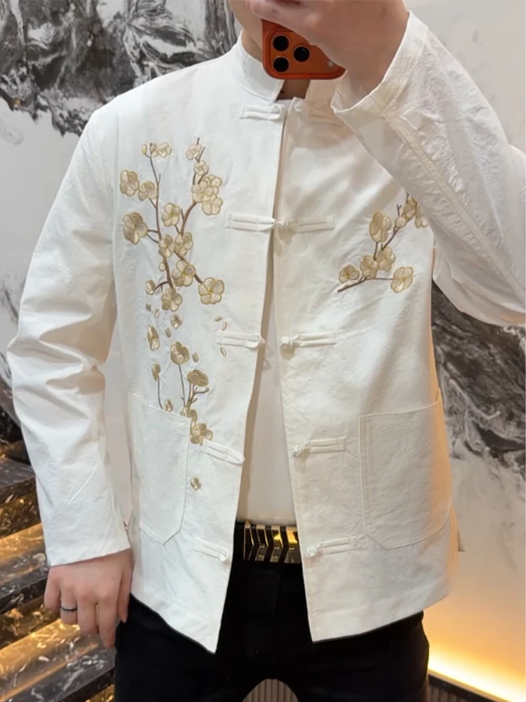 

Chinese Embroidered Tang Suit Jacket Men's Casual Long Sleeve Stand Collar Button up Comfortable Spring Fashion Outerwear