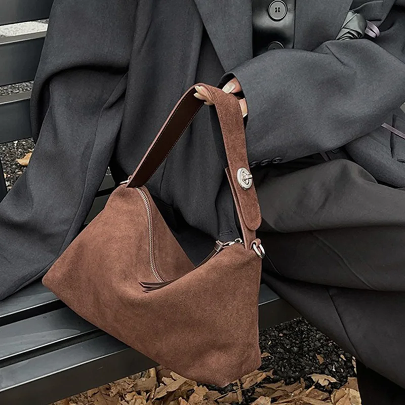 Lady Suede Cow Leather Armpit Shoulder Bag Women Simple Retro Handbag Female High Quality Solid Color Crossbody Bag