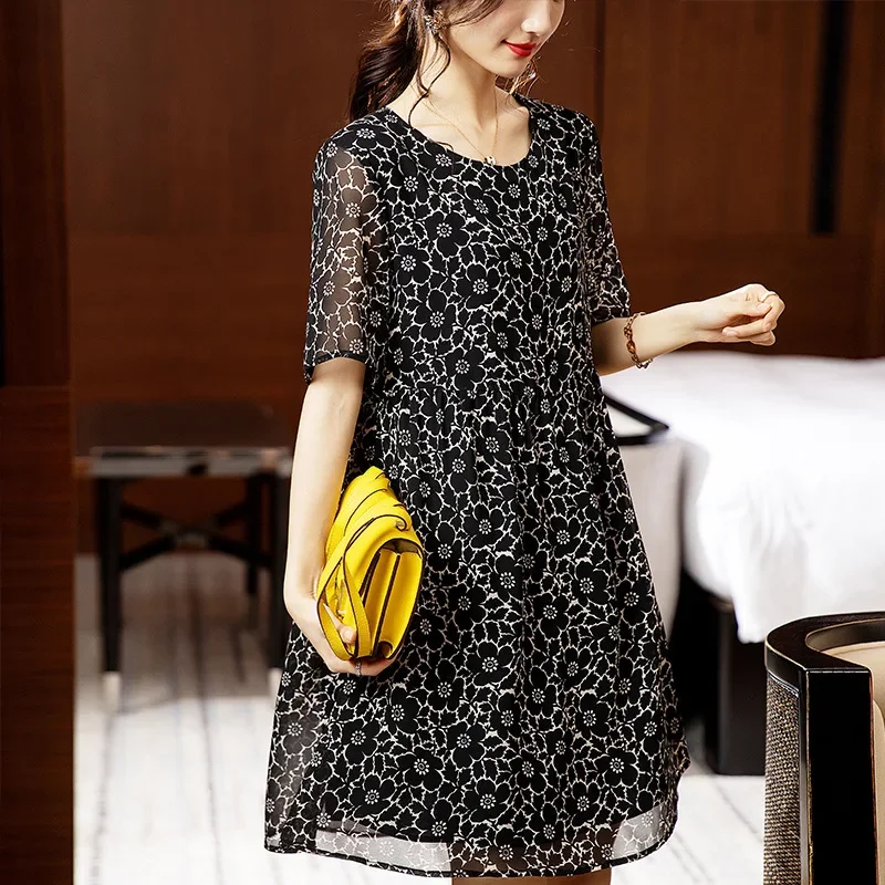 

Stylish A-line Short Sleeve Dress, Elegant Floral Print, Slimming and Fashionable for Women